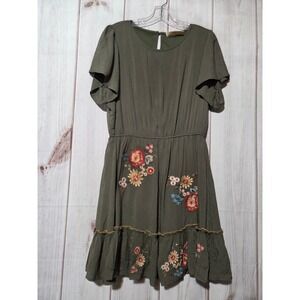 Savanna‎ Jane Olive Green Floral Embroidered Tiered Ruffle Dress Size Medium